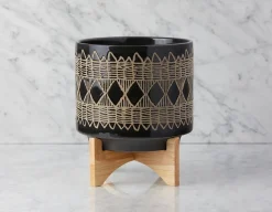 ADEN ceramic pot with wood stand 29 cm