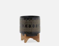 ADEN ceramic pot with wood stand 29 cm