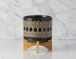 ADEN ceramic pot with wood stand 22 cm