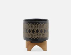 ADEN ceramic pot with wood stand 22 cm