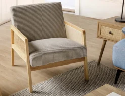 BECKETT armchair with corduroy and rattan accents