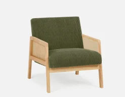 BECKETT armchair with corduroy and rattan accents