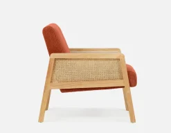 BECKETT armchair with corduroy and rattan accents