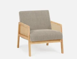 BECKETT armchair with corduroy and rattan accents