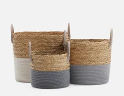 BUD set of 3 cotton rope and straw baskets