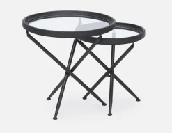 KAY set of 2 fir wood nesting tables with tempered glass tops