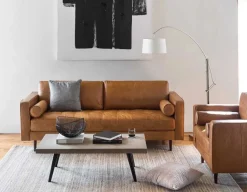 KINSEY mid-century modern 100% leather 3-seater sofa