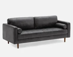 ROWAN mid-century modern 100% leather 3-seater sofa