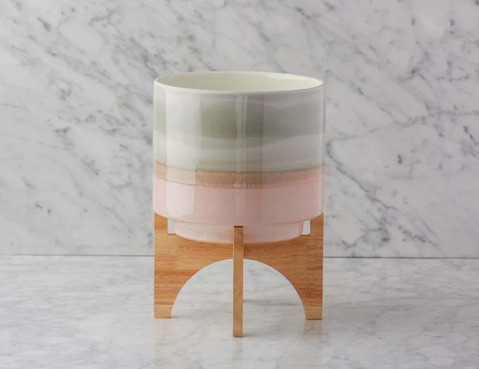 SHANE ceramic pot with wood stand 36 cm