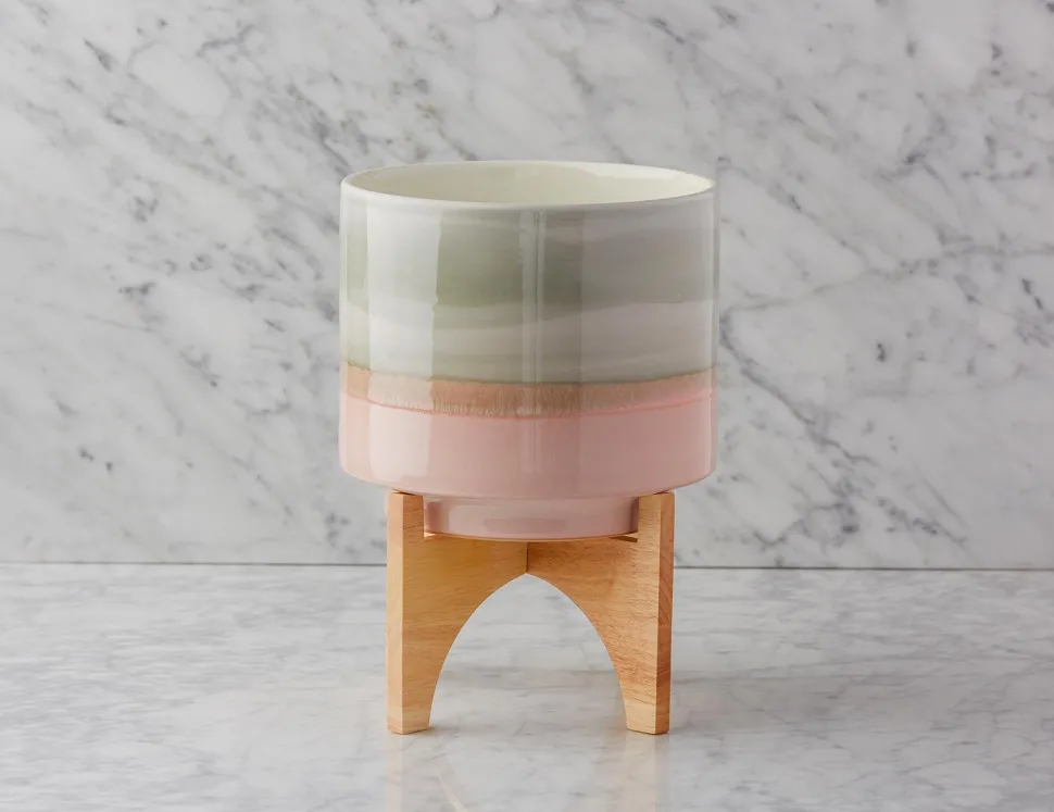 SHANE ceramic pot with wood stand 36 cm