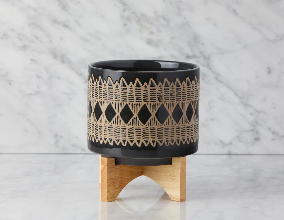 SHANE ceramic pot with wood stand 36 cm