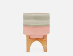 SHANE ceramic pot with wood stand 36 cm