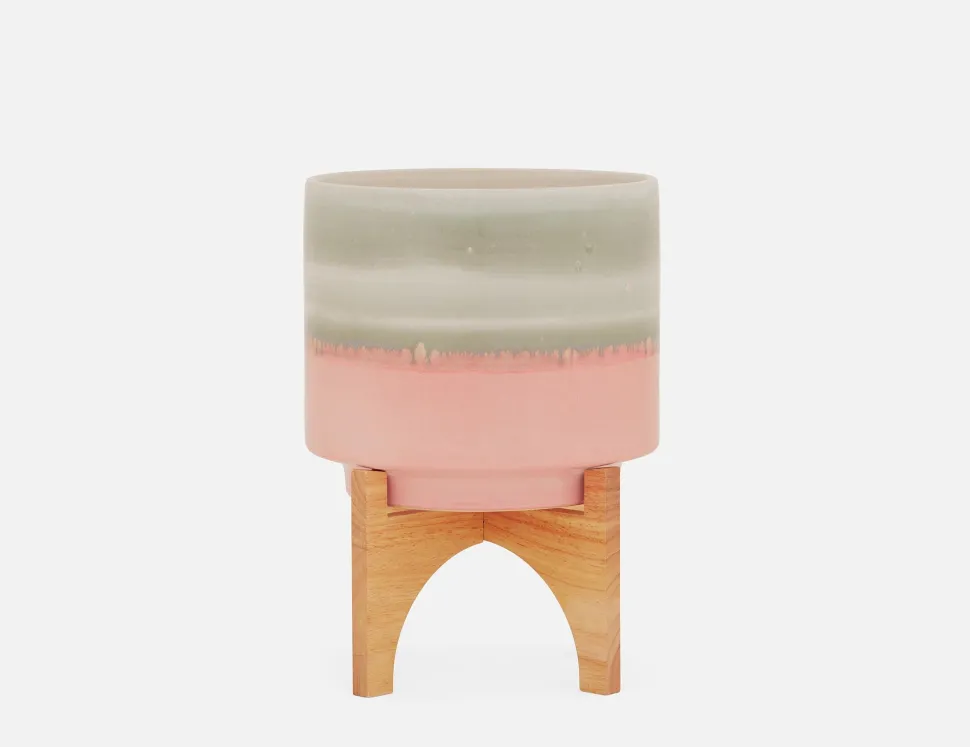 SHANE ceramic pot with wood stand 36 cm